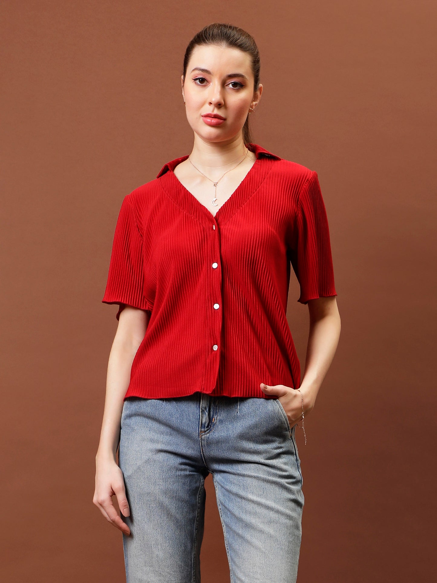 Women Self Design Shirt Style Top