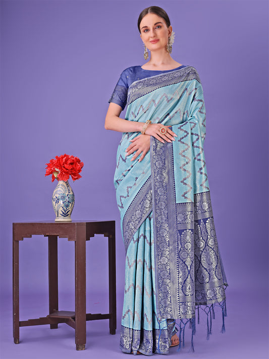 Cream & Green Lichi Silk Saree with Rich Woven Border and Zigzag Pattern – Wedding & Festive Wear