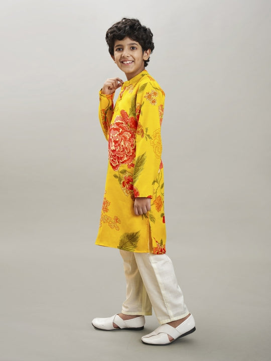 Boys yellow & red floral printed kurta with a off white pajama