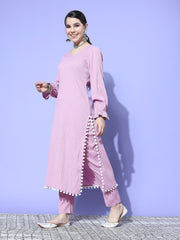 Kalini Women Mauve Straight Kurta With Pom Pom Hem Paired With Tonal Bottom