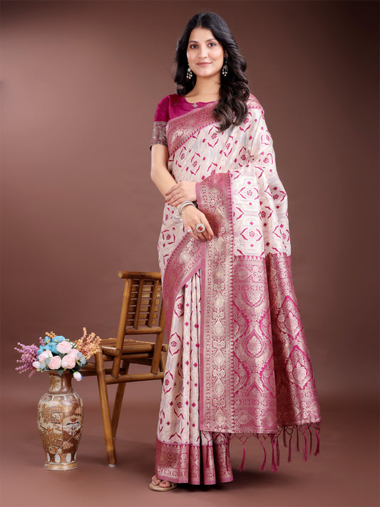 Graceful Cream & Pink Linen Cotton Saree with Rich Zari Pallu – A Touch of Royal Comfort