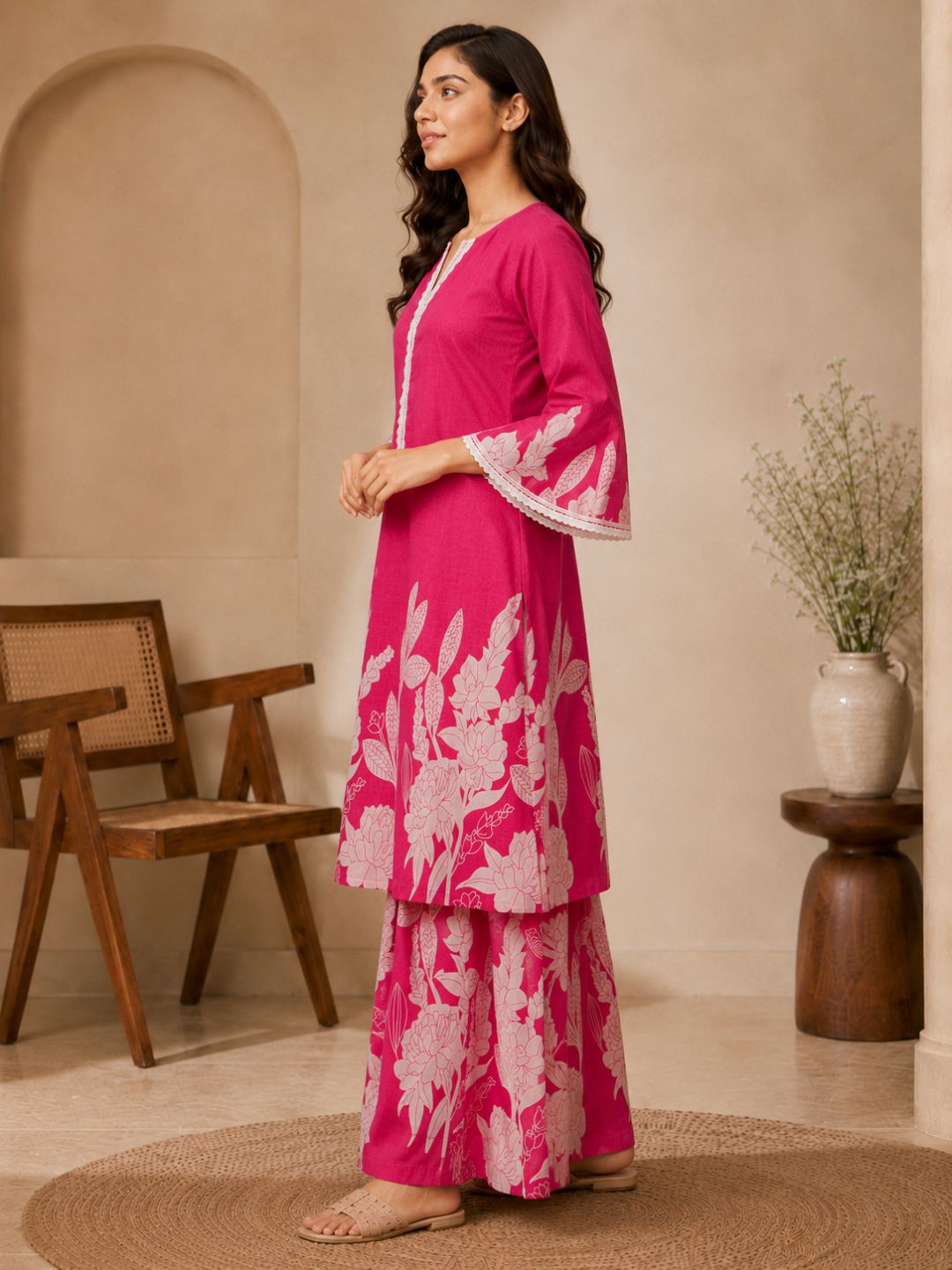 Pink Printed Cotton Straight Kurta Set