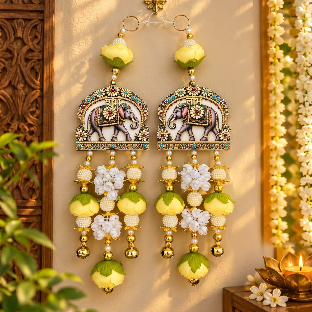 Shubh Labh Elephant Door Hanging, MDF Wood, 14Inc Yellow and gold
