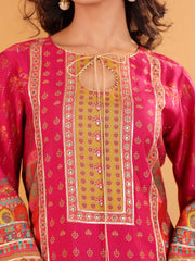 Women Fuschia Pink Ethnic Printed Straight Kurta With Embroidered Trouser