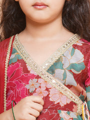 Silk blend Woven Three-Quarter Sleeves Floral Print Flared Kurta And Sharara With Dupatta Set - Maroon