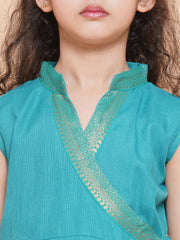 Solid Sleeveless Above Knee Length Cotton Kurta With Palazzo - Sea Green