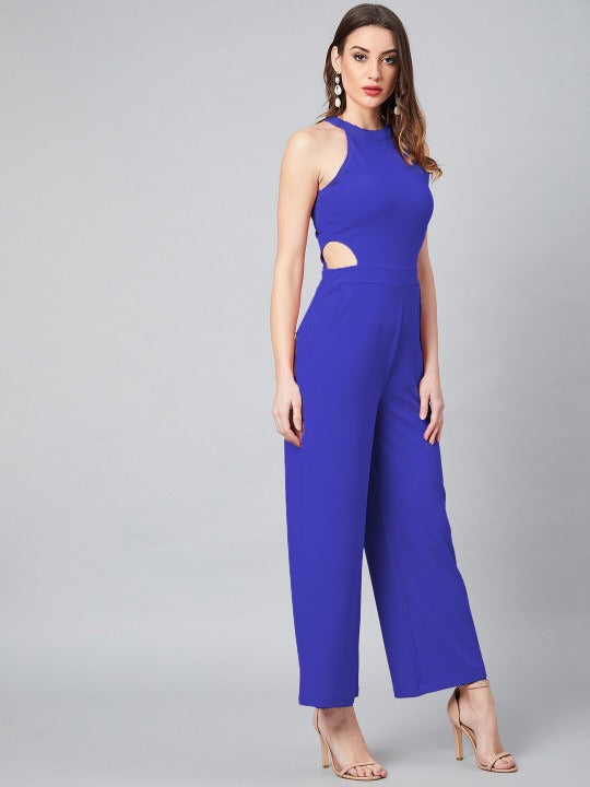 Blue Halter Neck Cut-Out Detailed Jumpsuit