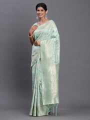 Sky Blue Linen Cotton Saree with Silver Zari Weave & Tassels – Festive & Elegant Office Wear