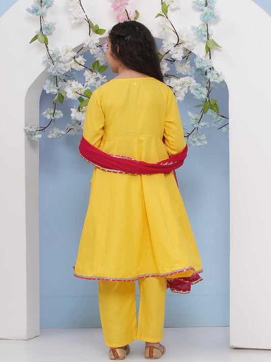Girls Yellow Embroidered Angrakha Kurta with Trousers with dupatta
