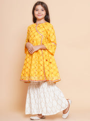 Girls Yellow Ethnic Motifs Printed Angrakha Kurta with Sharara