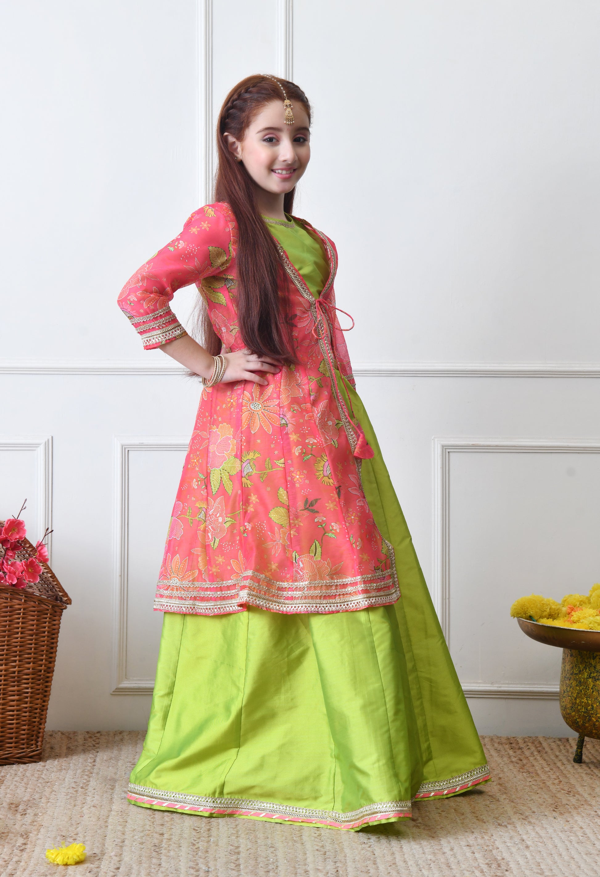 Girls’ Lime Green Lehenga with Coral Pink Floral Jacket Set