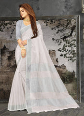 Elegant Peach Woven Linen Saree with Contrast Zari Border & Tassels – Soft & Breathable Party Wear