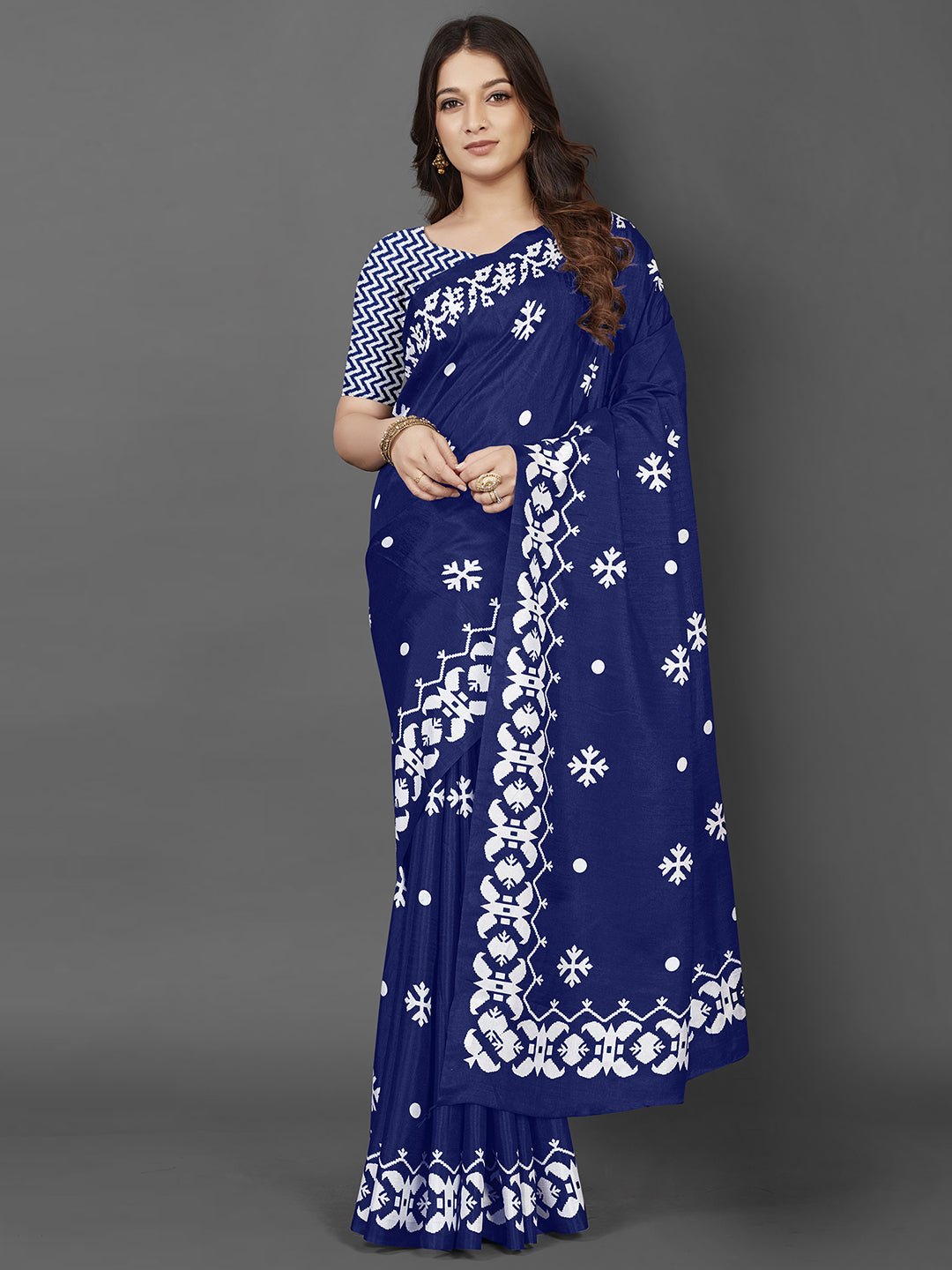 Women's Dola Silk Blue Printed DesignerSaree With Blouse Piece