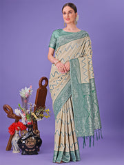 Cream & Green Lichi Silk Saree with Rich Woven Border and Zigzag Pattern – Wedding & Festive Wear