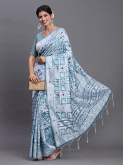 Sky Blue Linen Cotton Saree with Multicolor Elephant & Temple Motifs – Traditional Woven Pallu & Tassels