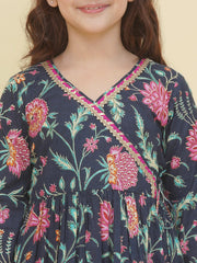 Girls Blue Pink Floral Printed Angrakha Kurta with Sharara