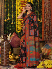 Off White Linen Cotton Saree with Multicolor Ethnic Print – Soft & Lightweight Saree for Festive, Daily, and Office Wear