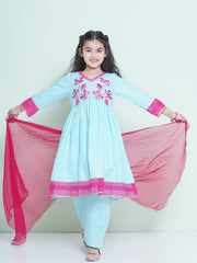 Girls Blue Embroidered Alia Design Kurta With Trousers With dupatta