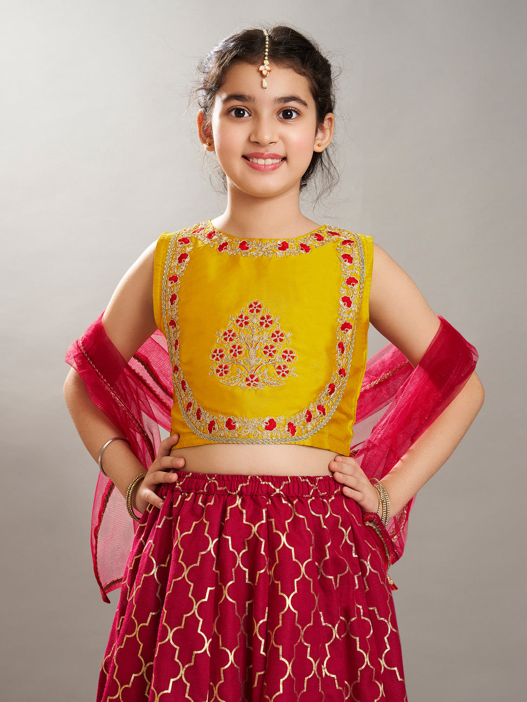Girls Maroon & Yellow Foil Print with Embroidered yoke Choli, Lehenga with Dupatta