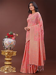 Elegant Orange Linen Cotton Saree with Floral Weave & Soft Gold Pallu – Graceful Choice for Casual, Office & Festive Looks