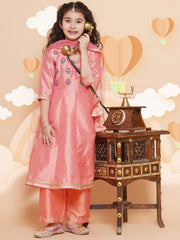 Placement Embroidered Three-Fourth Sleeves Above Knee Length Silk Kurta & Trouser With Dupatta - Peach