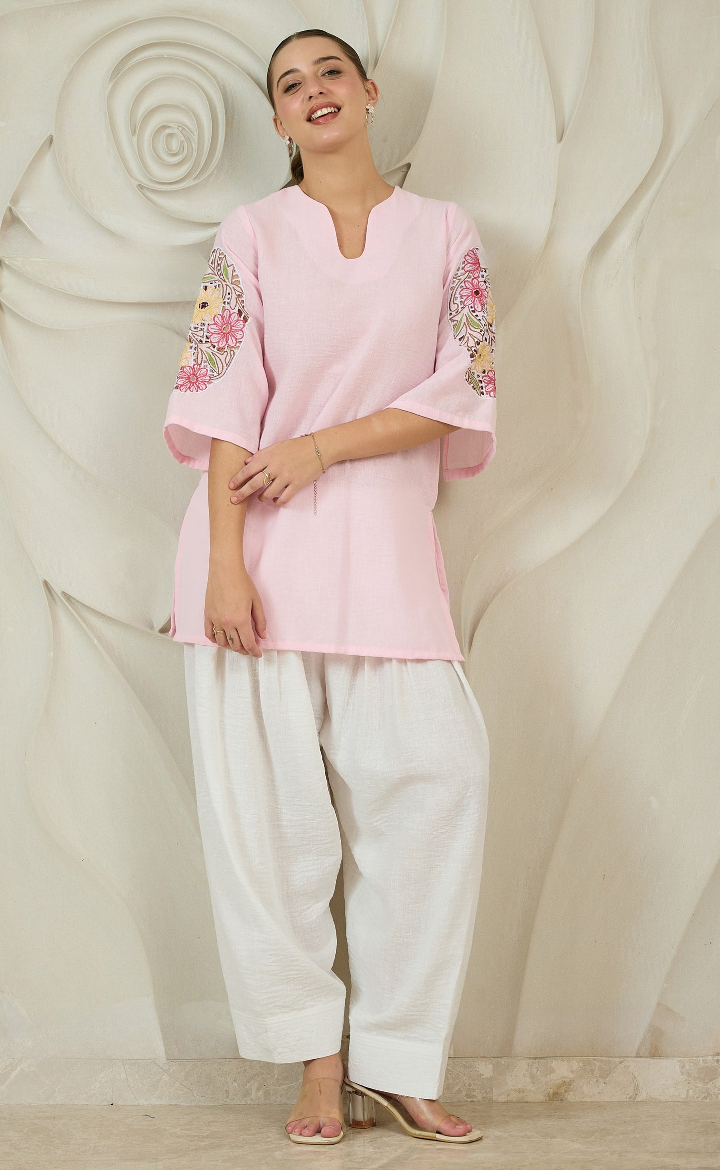 Women Pink Cutwork Embroidered Kurta and Farshi Salwar Set