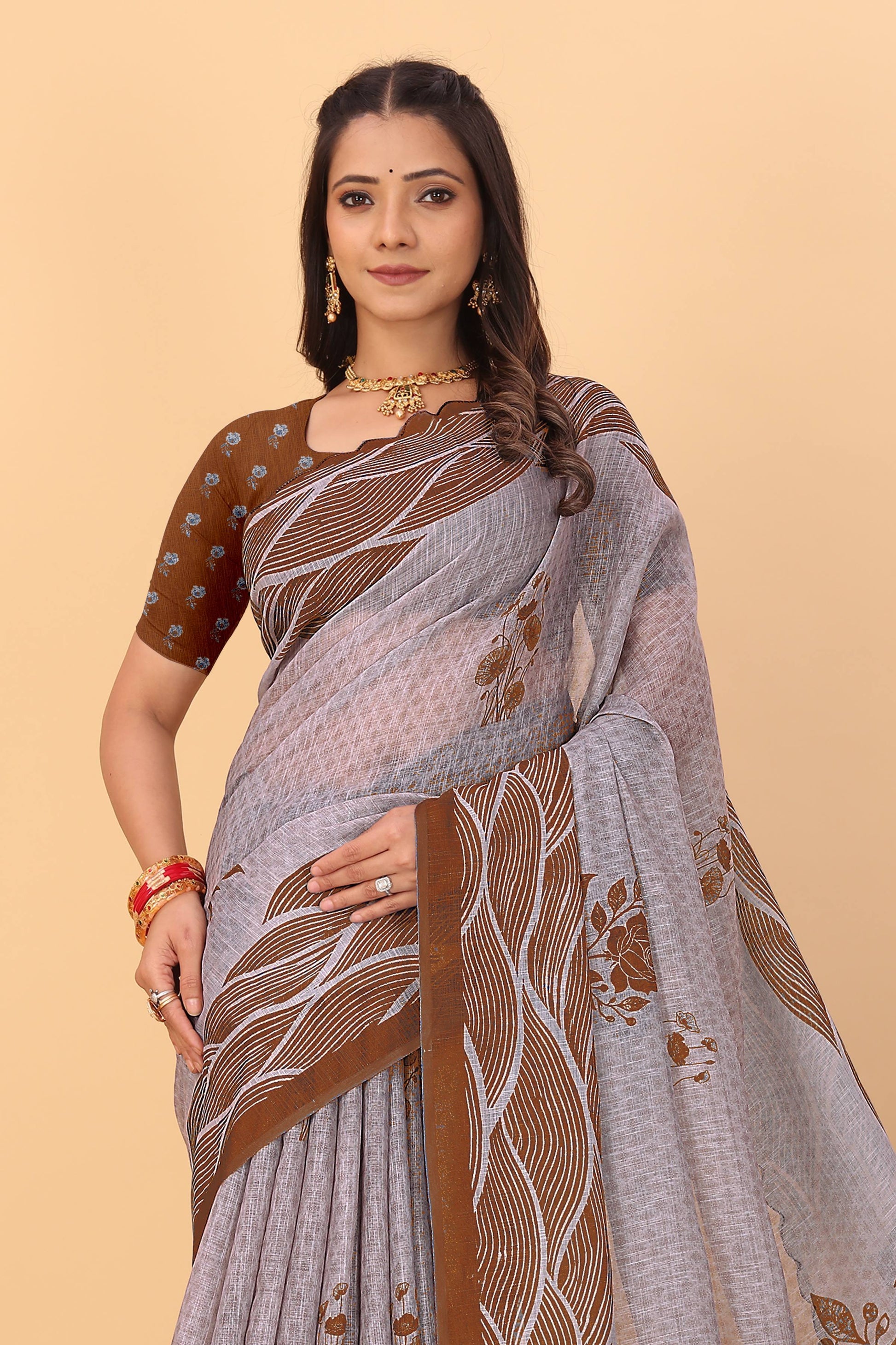 Soft linen saree with shaded style prints and cutwork
