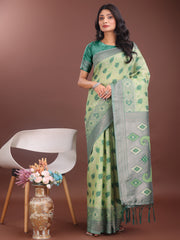 Stylish Green Linen Cotton Saree with Woven Design – Lightweight Elegance for Everyday Grace