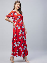 Girls Blue Polyester Crepe Floral Hi-Lo Dress