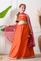 Girls Girls Orange Embellished Lehenga Choli Set with Dupatta Ethnic Wear