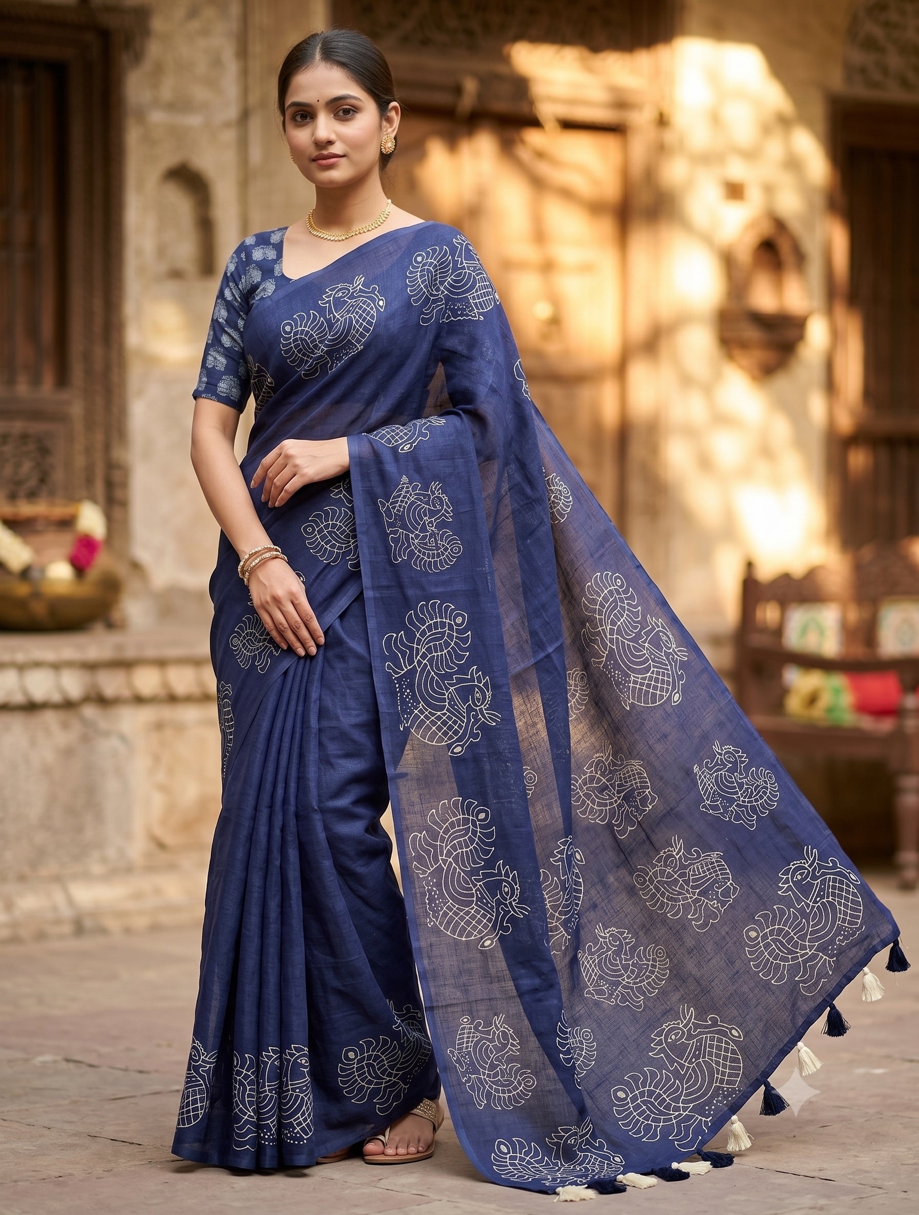 Soft linen saree with shaded style prints.