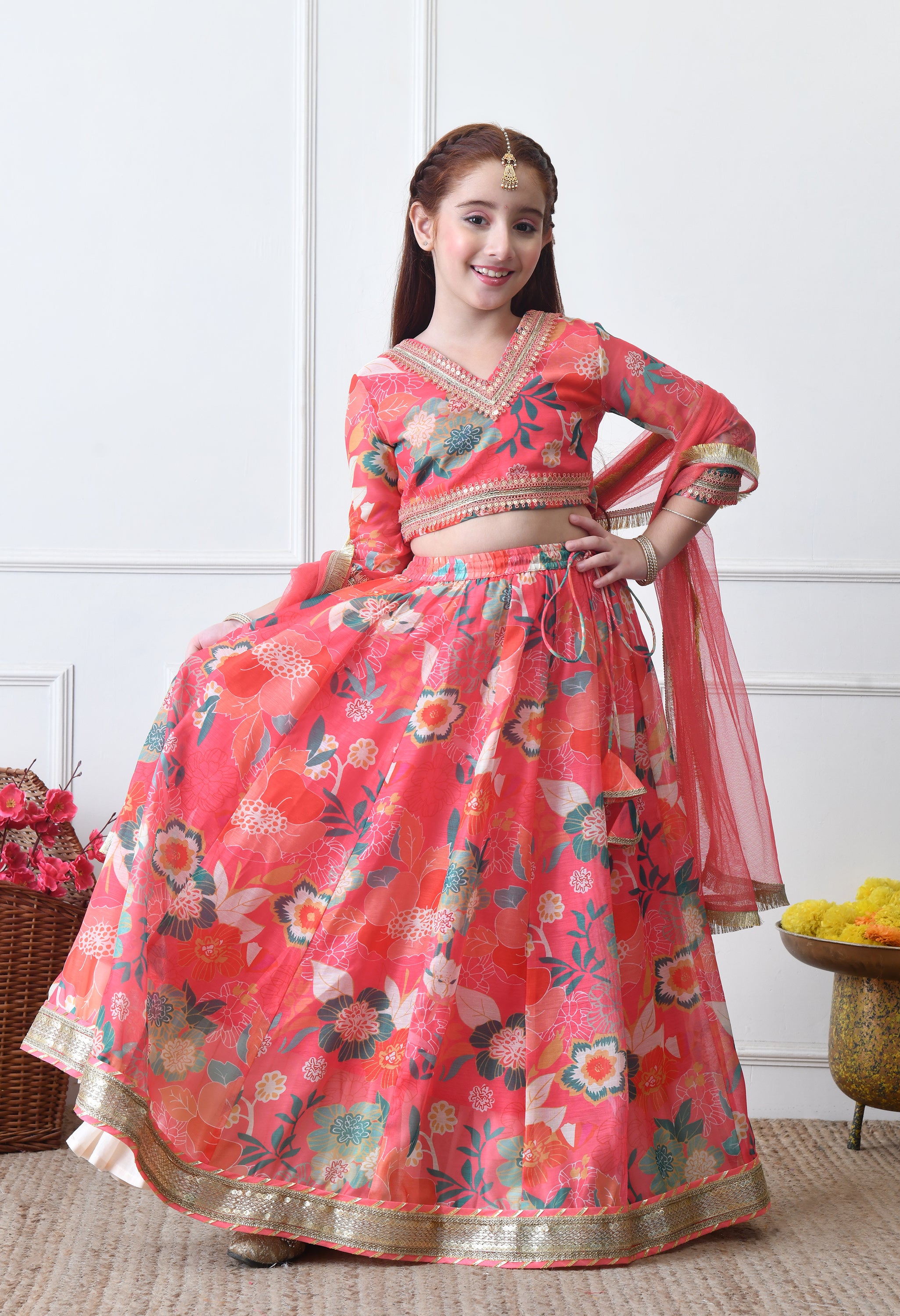 Girls Coral Floral Printed Lehenga Choli Set with Net Dupatta