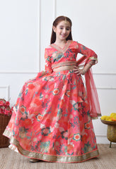 Girls Coral Floral Printed Lehenga Choli Set with Net Dupatta