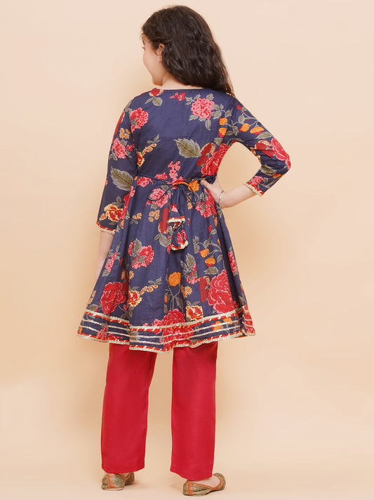 Girls Navy Blue Red Printed Anarkali Kurta & Palazzos