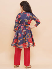 Girls Navy Blue Red Printed Anarkali Kurta & Palazzos