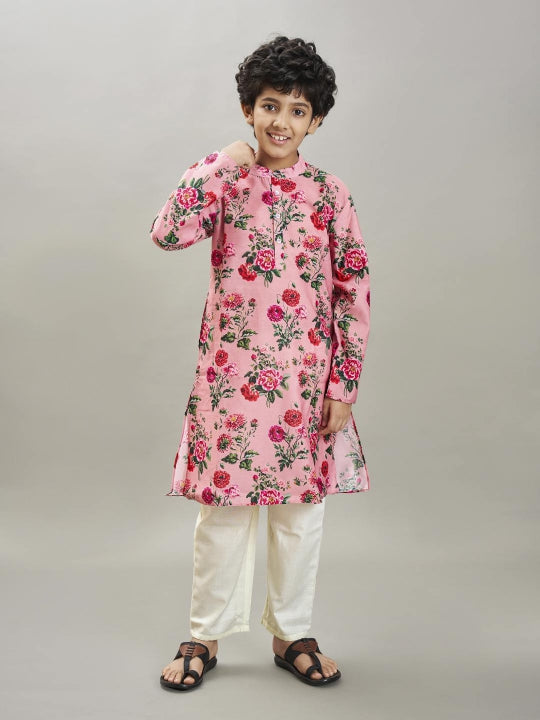 Boys Peach floral printed kurta with a off white pajama