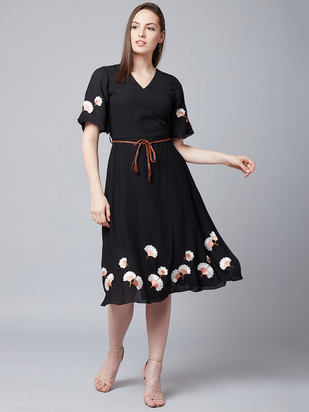 Women Black Embroidered Wrap Dress