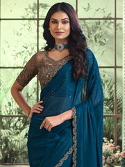 Women's Georgette Teal blue Embellished Designer Saree With Blouse Piece