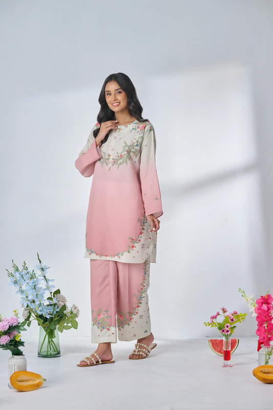 Blush Pink & Off-White Floral  Rayon Co-Ord Set - Effortless Elegance