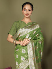 Green Floral Linen Cotton Saree with Zari Border & Digital Printed Pallu – Elegant Sari for Festive Occasions