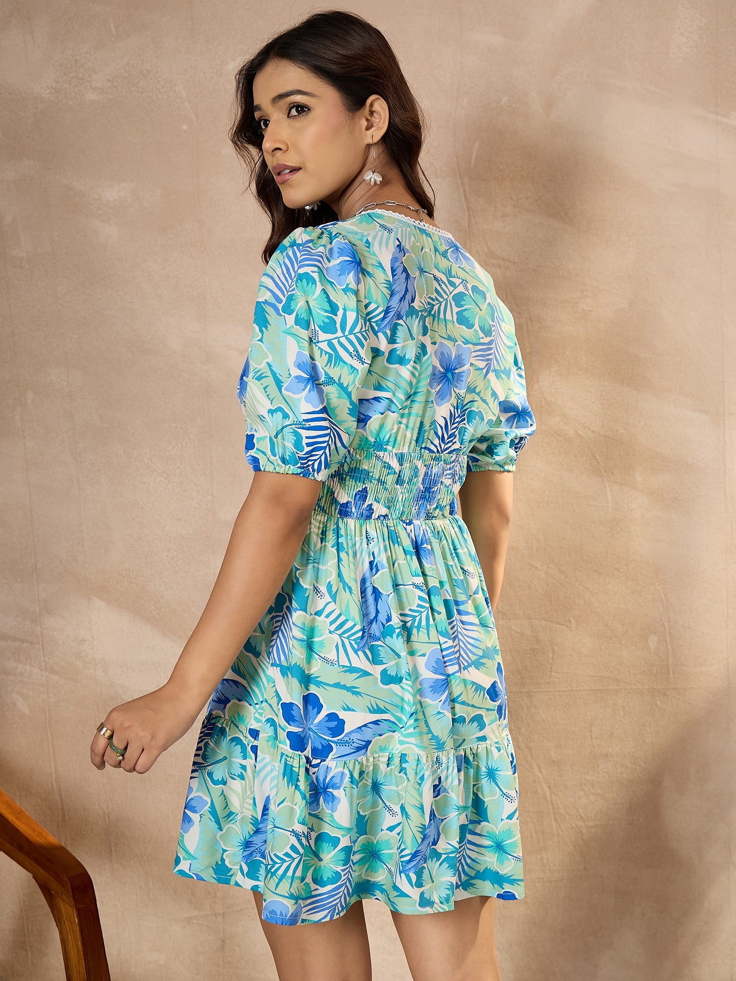 StyleStone Women's Cotton Blue & Green Floral Dress with Lace detail