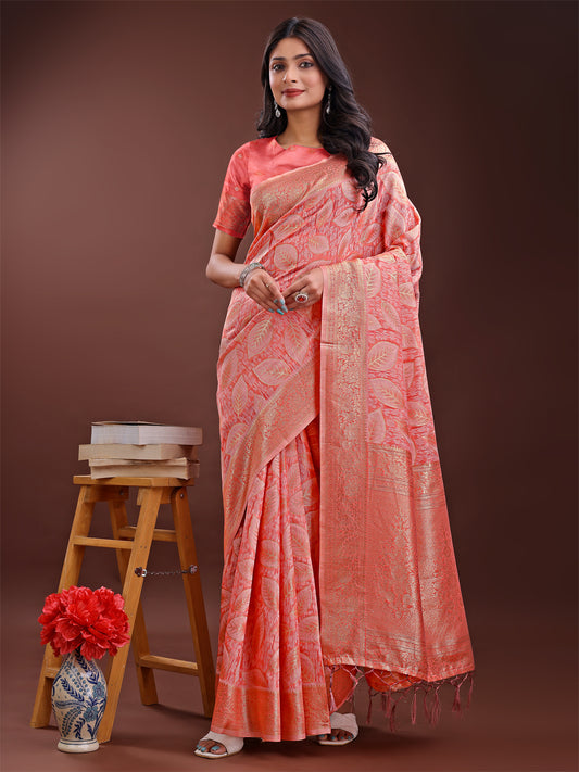 Peach Pink Linen Cotton Saree with Golden Zari Leaf Design & Elegant Pallu – Festive | Office | Daily Wear