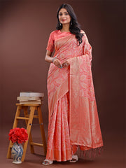 Peach Pink Linen Cotton Saree with Golden Zari Leaf Design & Elegant Pallu – Festive | Office | Daily Wear