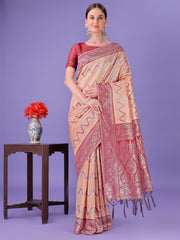 Cream & Green Lichi Silk Saree with Rich Woven Border and Zigzag Pattern – Wedding & Festive Wear