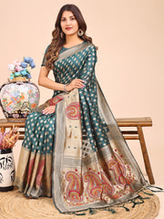 Grace in Every Thread – Sea Green & Beige Linen Cotton Saree with Royal Paisley Charm