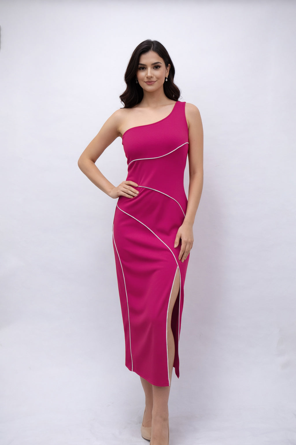 Fuchsia One Shoulder Sheath Midi Dress-ADR-18989
