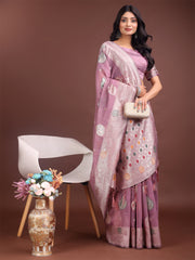 Elegant Olive Green Linen Cotton Saree with Zari Border & Woven Motifs – Perfect for Sophisticated Everyday & Festive Looks