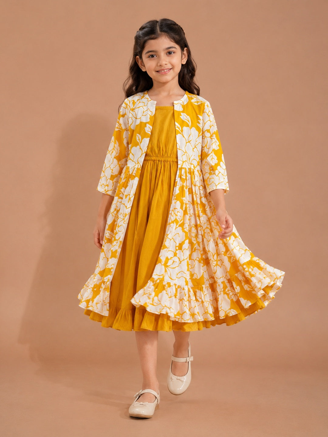 Yellow Floral Printed Midi Dress For Girls