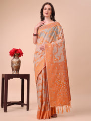 Banarasi Cotton Saree with Floral Zari Work and Traditional Pallu - Elegant Ethnic Wear for Festivals & Ceremonies