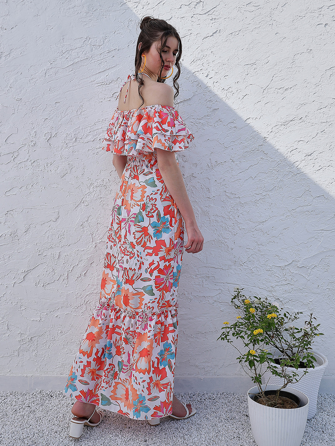 Orange Floral Printed Halter Neck Tiered Gathered Crepe Maxi Midi Dress